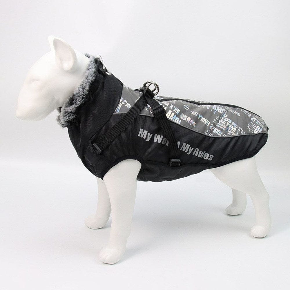 LightGrayDogSkiWaterproofJacketwithHarnessandfurcollarinprofileonadogmannequinonwhitebackground