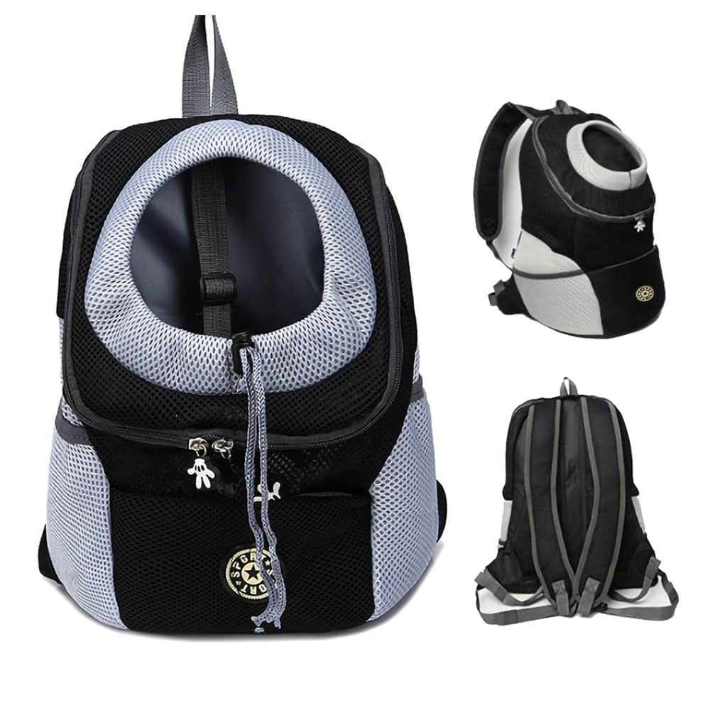 WhitedogpeakingoutofablackFurSport_-PetBackpackCarrierwiththeadjustableopening.adjustablestrapsandsidemeshpockets-black