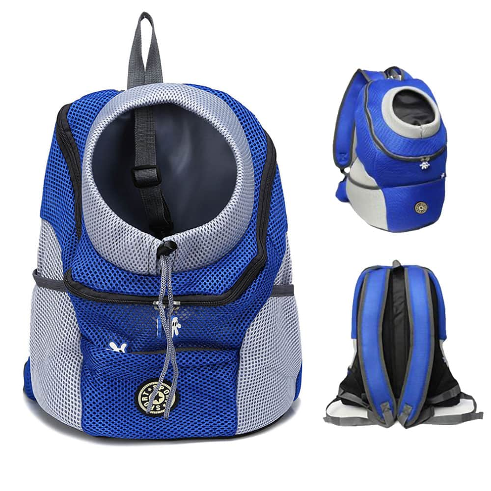 WhitedogpeakingoutofablackFurSport_-PetBackpackCarrierwiththeadjustableopening.adjustablestrapsandsidemeshpockets-blue