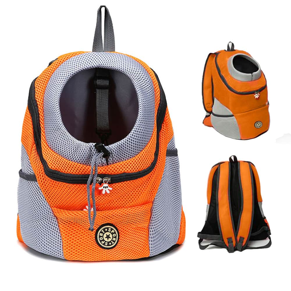 WhitedogpeakingoutofablackFurSport_-PetBackpackCarrierwiththeadjustableopening.adjustablestrapsandsidemeshpockets-orange