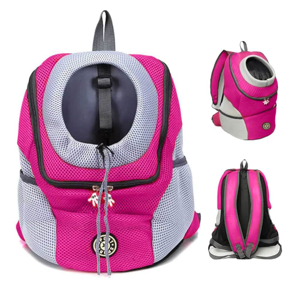 WhitedogpeakingoutofablackFurSport_-PetBackpackCarrierwiththeadjustableopening.adjustablestrapsandsidemeshpockets-pink